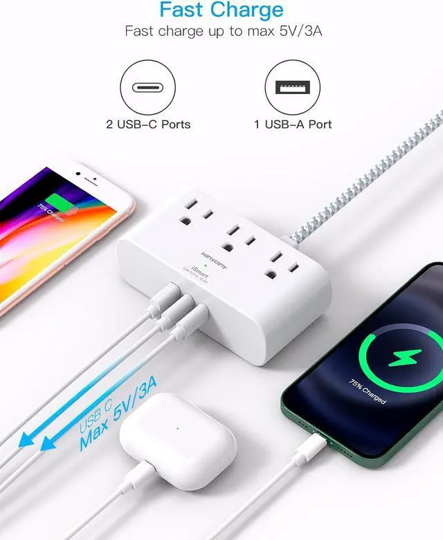 Alt view image 3 of 7 - Flat Extension Cord 10 Ft, Ultra Thin Flat Plug Power Strip, 3 Outlets 3 USB Ports(2 USB C) Desk Charging Station, Power Strip with No Surge Protector for Cruise Ship, Travel, Dorm Room Essentials