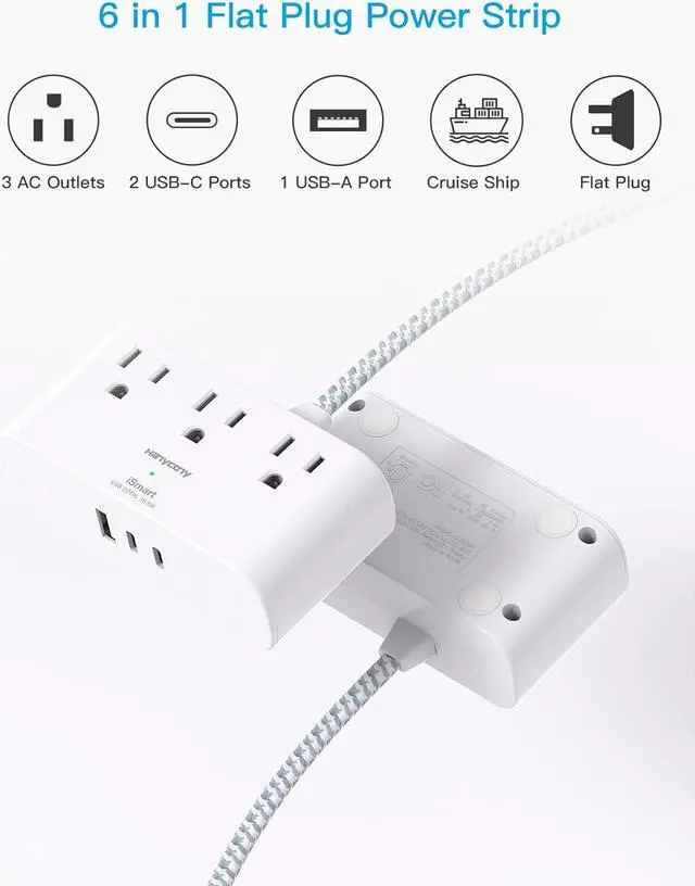 Alt view image 7 of 7 - Flat Extension Cord 10 Ft, Ultra Thin Flat Plug Power Strip, 3 Outlets 3 USB Ports(2 USB C) Desk Charging Station, Power Strip with No Surge Protector for Cruise Ship, Travel, Dorm Room Essentials