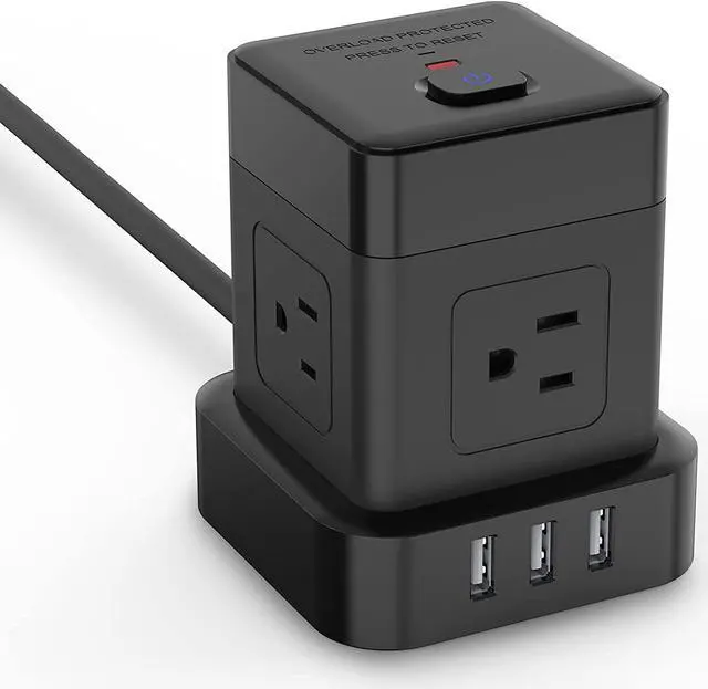 Main image of Baykul Cube Power Strip 5 FT, Flat Plug Extension Cord Black, 3 USB, | USB-A, Compact Cube, Travel Friendly, Fire-Resistant Shell, Overload Protection, 1250W, Smart IC Charging,