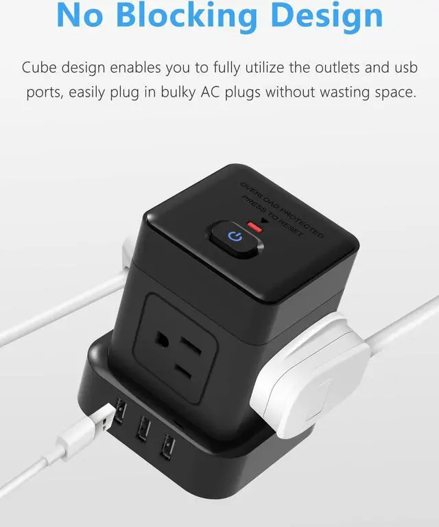 Alt view image 6 of 7 - Baykul Cube Power Strip 5 FT, Flat Plug Extension Cord Black, 3 USB, | USB-A, Compact Cube, Travel Friendly, Fire-Resistant Shell, Overload Protection, 1250W, Smart IC Charging,