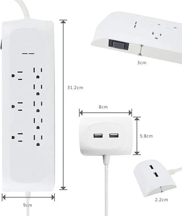 Alt view image 4 of 7 - 8 Outlet Surge Protector Power Strip with2 USB Charging Ports (2.4A), 6 + 4 FT Extension Cord with Straight Plug, 2400 Joules Overload Portection,Wall Mountable, ETL Listed, White