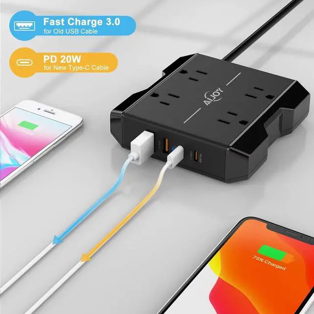 Alt view image 3 of 6 - Power Strip with USB Ports, AiJoy 5 ft Extension Cord with 4 Outlets(2.2 in) and 4 USB Ports, 20W USB C Desk Charging Station for Cruise Ship Travel, Office Supplies Desk Accessories