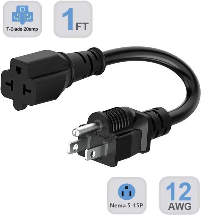 Alt view image 2 of 7 - 1-Foot 12 AWG 15 Amp Household Plug to 20 Amp Adapter Cable,Nema 5-15P to 5-15R/20R,5-15P to 6-15R/20R T-Blade 20Amp to 15Amp Extension Cord Heavy Duty 15A 125V to 20A 250V AC Power-Cable