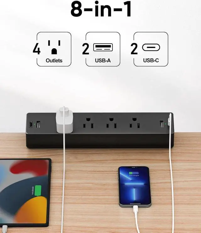 Alt view image 2 of 7 - Desk Clamp Power Strip, 1875W Surge Protectors with 2 USB A, 2 USB C Ports, 4 AC Outlets, Desk Mount Charging Station, Fit 1.7 inch Tabletop Edge Thick, Desk Outlets for Home Office.