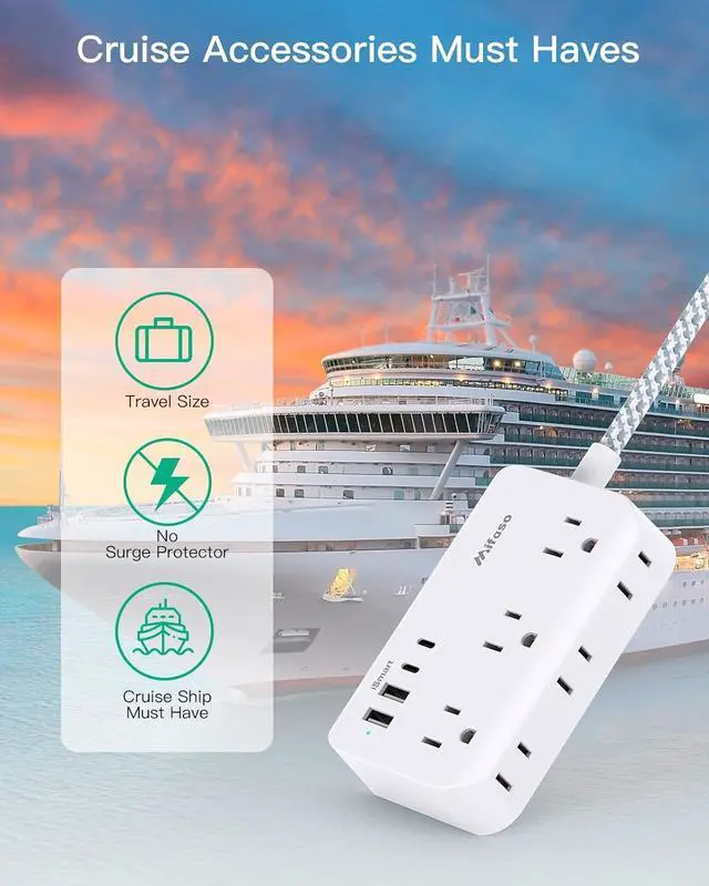 Alt view image 5 of 7 - Power Strip Extension Cord - 6 Outlets and 4 USB (2 USB C), 5Ft Braided Cord with Ultra Thin Flat Plug, Wall Mount, Overload Protection, Compact for Travel, Cruise Ship, and Dorm Room Essentials