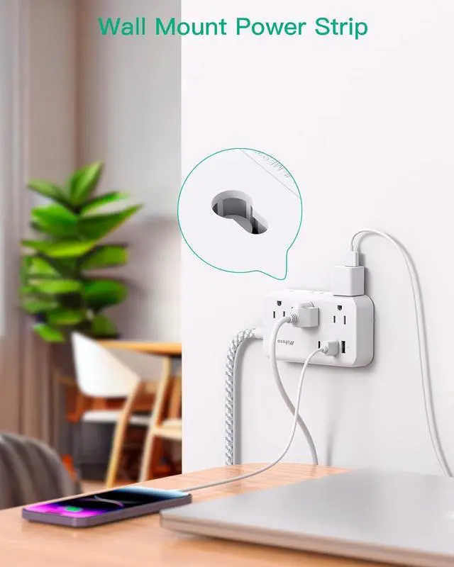 Alt view image 6 of 7 - Power Strip Extension Cord - 6 Outlets and 4 USB (2 USB C), 5Ft Braided Cord with Ultra Thin Flat Plug, Wall Mount, Overload Protection, Compact for Travel, Cruise Ship, and Dorm Room Essentials