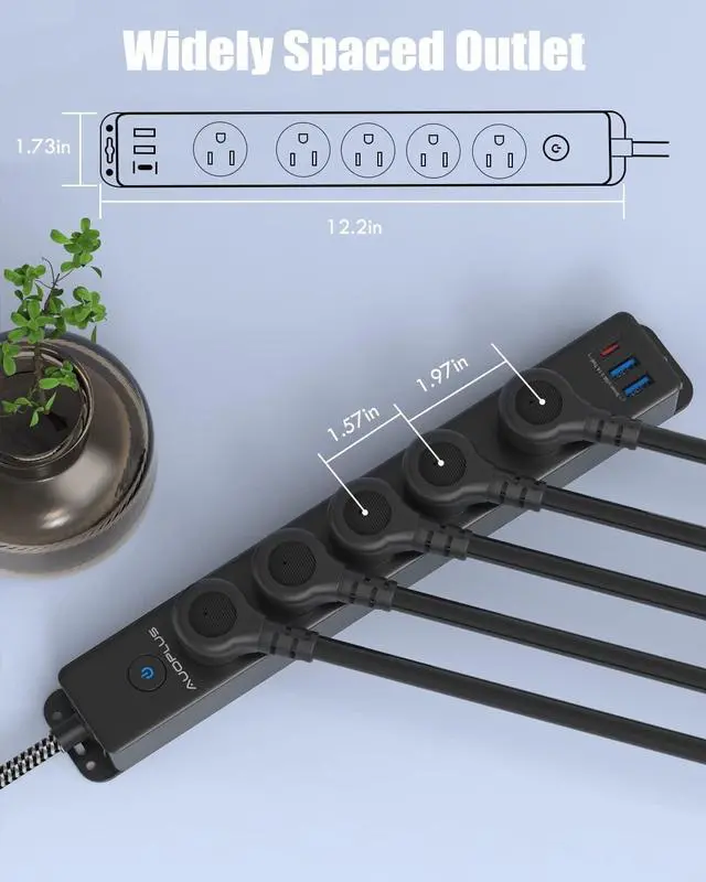 Alt view image 5 of 7 - Surge Protector Power Strip with USB C Ports, 10FT Braided Extension Cord, 5 Outlets and 3 USB Ports(1 USB C), AUOPLUS Mountable Power Strips Flat Plug with Overload Protection