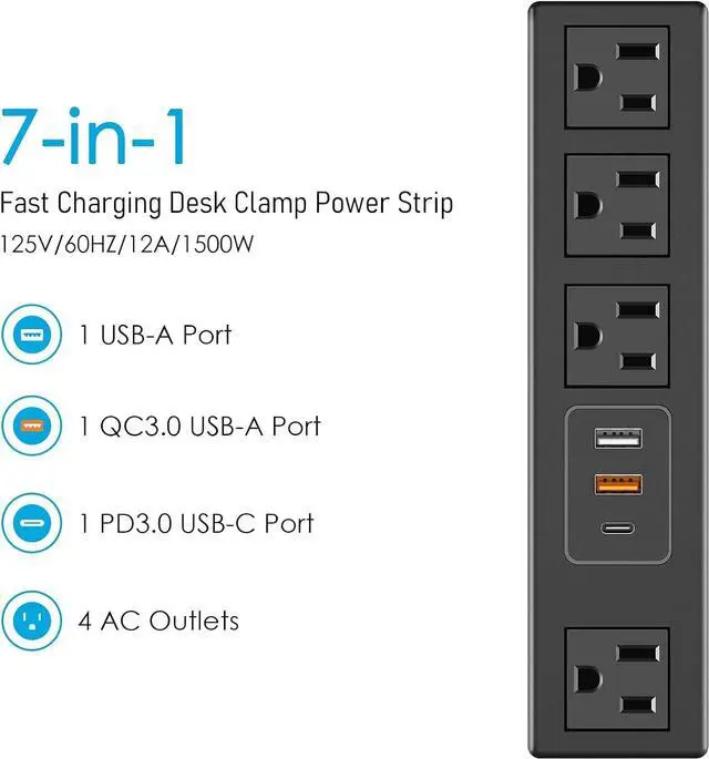 Alt view image 3 of 7 - CCCEI Desk Clamp Power Strip with USB-A and USB-C Ports, Desktop Mount Surge Protector 1200J, Widely Spaced Desk Outlet Station, Fast Charging, 6 FT Flat Plug, Fit 1.9 inch Tabletop Edge. (Black)