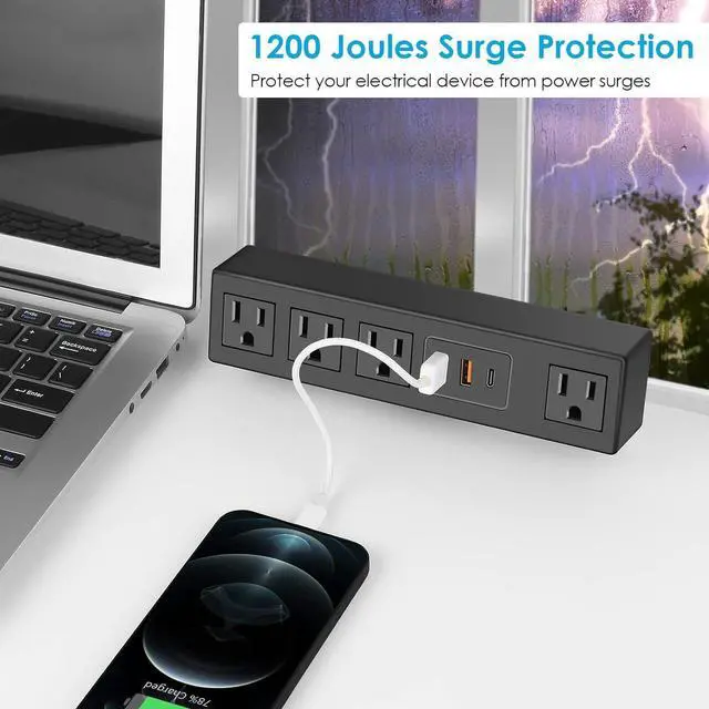 Alt view image 4 of 7 - CCCEI Desk Clamp Power Strip with USB-A and USB-C Ports, Desktop Mount Surge Protector 1200J, Widely Spaced Desk Outlet Station, Fast Charging, 6 FT Flat Plug, Fit 1.9 inch Tabletop Edge. (Black)
