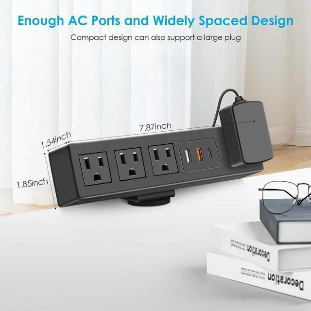 Alt view image 7 of 7 - CCCEI Desk Clamp Power Strip with USB-A and USB-C Ports, Desktop Mount Surge Protector 1200J, Widely Spaced Desk Outlet Station, Fast Charging, 6 FT Flat Plug, Fit 1.9 inch Tabletop Edge. (Black)