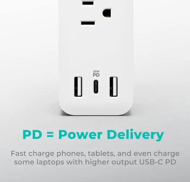 Alt view image 2 of 7 - KMC USB-C PD Surge Protector 3-Outlet Power Strip, 30W Power Delivery USB-C Port, 2 USB-A Ports, 980J Surge Protection, 6-Foot Extension Cord, White
