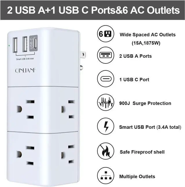 Alt view image 2 of 7 - USB Outlet Extender Surge Protector - Rotating Plug 3-Sided Swivel Power Strip 6 AC Spaced Outlet Splitter and 3 USB Ports (1 USB C) for Travel Home Office ETL