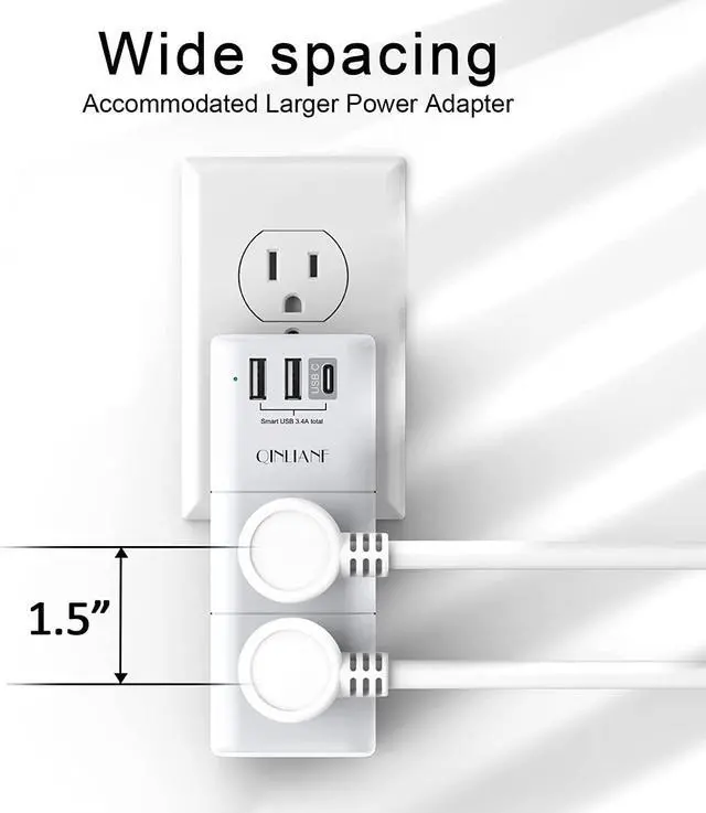 Alt view image 4 of 7 - USB Outlet Extender Surge Protector - Rotating Plug 3-Sided Swivel Power Strip 6 AC Spaced Outlet Splitter and 3 USB Ports (1 USB C) for Travel Home Office ETL