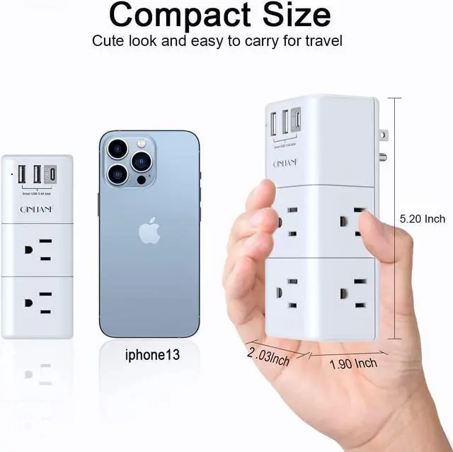 Alt view image 5 of 7 - USB Outlet Extender Surge Protector - Rotating Plug 3-Sided Swivel Power Strip 6 AC Spaced Outlet Splitter and 3 USB Ports (1 USB C) for Travel Home Office ETL