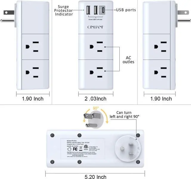 Alt view image 7 of 7 - USB Outlet Extender Surge Protector - Rotating Plug 3-Sided Swivel Power Strip 6 AC Spaced Outlet Splitter and 3 USB Ports (1 USB C) for Travel Home Office ETL