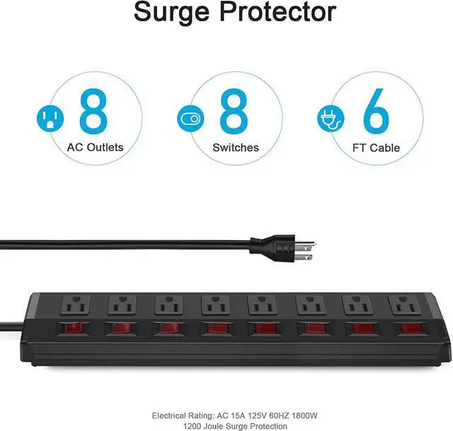 Alt view image 2 of 7 - Metal Power Strip Individual Switches 8 Outlets, Heavy Duty Power Strip Surge Protector for Appliances, 6 FT Extension Cord Strip, 1200J Surge Protector 15A 120V 1800W.
