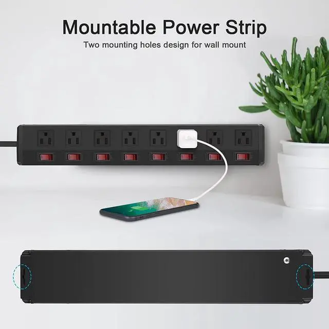 Alt view image 5 of 7 - Metal Power Strip Individual Switches 8 Outlets, Heavy Duty Power Strip Surge Protector for Appliances, 6 FT Extension Cord Strip, 1200J Surge Protector 15A 120V 1800W.