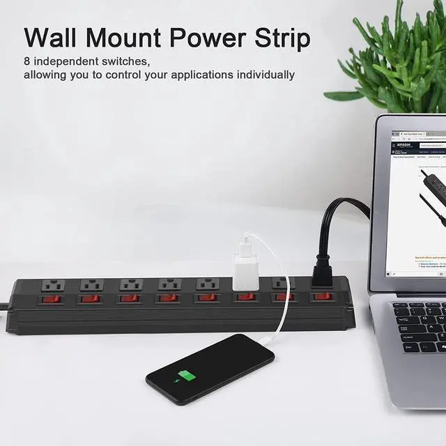 Alt view image 6 of 7 - Metal Power Strip Individual Switches 8 Outlets, Heavy Duty Power Strip Surge Protector for Appliances, 6 FT Extension Cord Strip, 1200J Surge Protector 15A 120V 1800W.