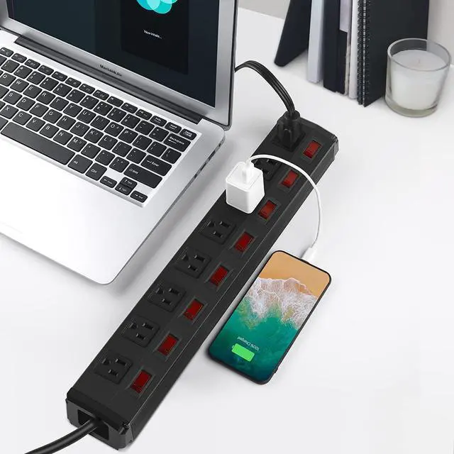 Alt view image 7 of 7 - Metal Power Strip Individual Switches 8 Outlets, Heavy Duty Power Strip Surge Protector for Appliances, 6 FT Extension Cord Strip, 1200J Surge Protector 15A 120V 1800W.