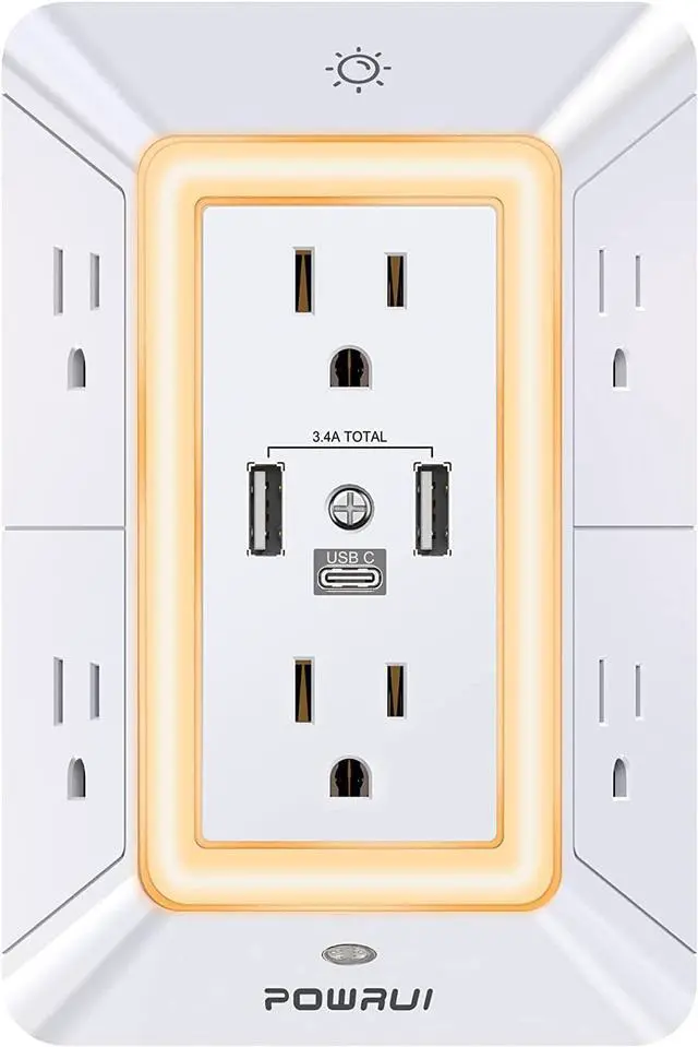 Main image of Multi Plug Outlet Surge Protector - 6 Outlet Extender with 3 USB Ports (1 USB C) and Night Light 3-Sided Power Strip with Adapter Spaced Outlets - White ETL Listed