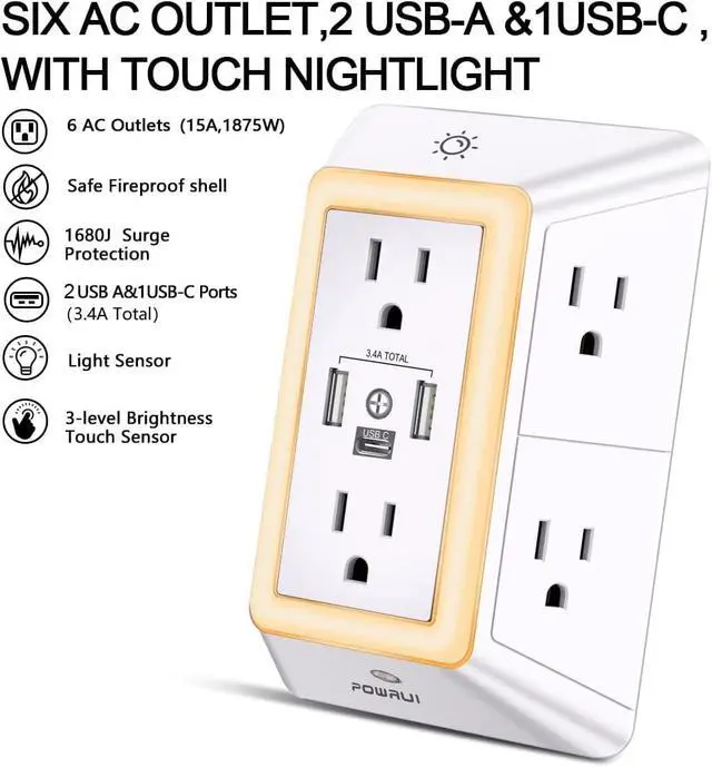 Alt view image 2 of 7 - Multi Plug Outlet Surge Protector - 6 Outlet Extender with 3 USB Ports (1 USB C) and Night Light 3-Sided Power Strip with Adapter Spaced Outlets - White ETL Listed