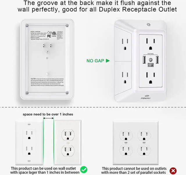 Alt view image 3 of 7 - Multi Plug Outlet Surge Protector - 6 Outlet Extender with 3 USB Ports (1 USB C) and Night Light 3-Sided Power Strip with Adapter Spaced Outlets - White ETL Listed
