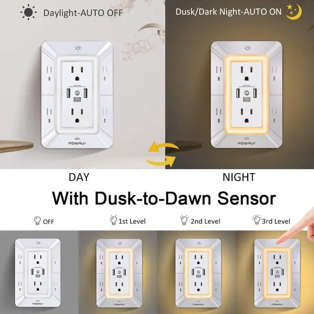 Alt view image 4 of 7 - Multi Plug Outlet Surge Protector - 6 Outlet Extender with 3 USB Ports (1 USB C) and Night Light 3-Sided Power Strip with Adapter Spaced Outlets - White ETL Listed