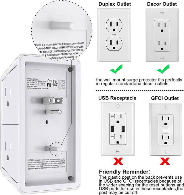 Alt view image 6 of 7 - Multi Plug Outlet Surge Protector - 6 Outlet Extender with 3 USB Ports (1 USB C) and Night Light 3-Sided Power Strip with Adapter Spaced Outlets - White ETL Listed