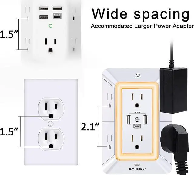 Alt view image 7 of 7 - Multi Plug Outlet Surge Protector - 6 Outlet Extender with 3 USB Ports (1 USB C) and Night Light 3-Sided Power Strip with Adapter Spaced Outlets - White ETL Listed