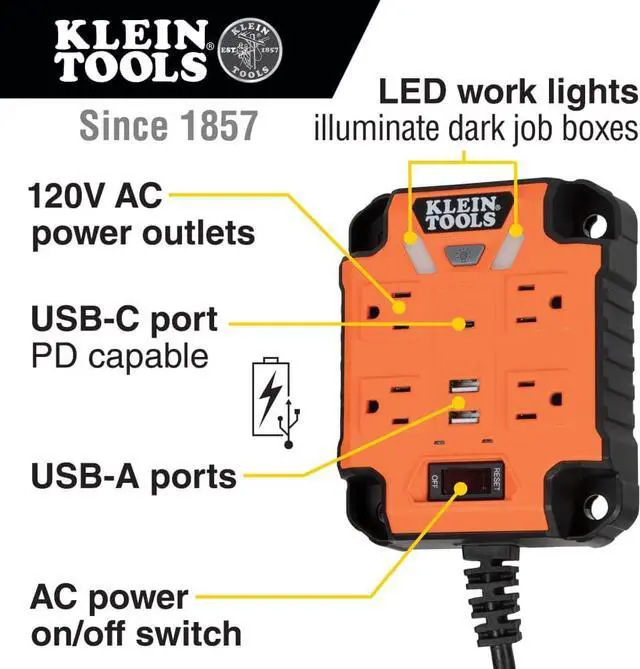 Alt view image 6 of 7 - Klein Tools Bluetooth Jobsite Speaker with Magnet and Hook (AEPJS3) Magnetic Power Strip with Surge Protector (PowerBox 1)