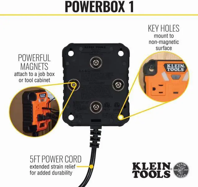 Alt view image 7 of 7 - Klein Tools Bluetooth Jobsite Speaker with Magnet and Hook (AEPJS3) Magnetic Power Strip with Surge Protector (PowerBox 1)