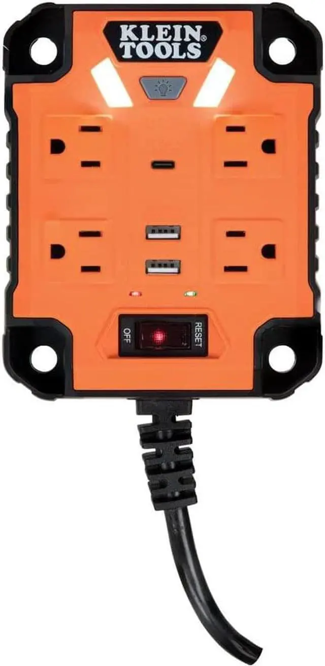 Alt view image 7 of 7 - Klein Tools 29601 Magnetic Power Strip with Surge Protector, Extension Cord, 4 Outlets, 3 USB Ports, 5-Foot Cord, Power Supply Box with Light, PowerBox 1, Heavy Duty