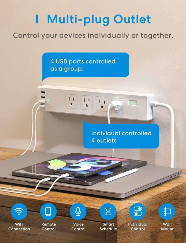Alt view image 3 of 7 - meross Smart Power Strip WiFi Surge Protector Power Bar, Alexa Google Home & IFTTT Supported, Remote Control, 4 AC Outlet and 4 USB Port, 16A