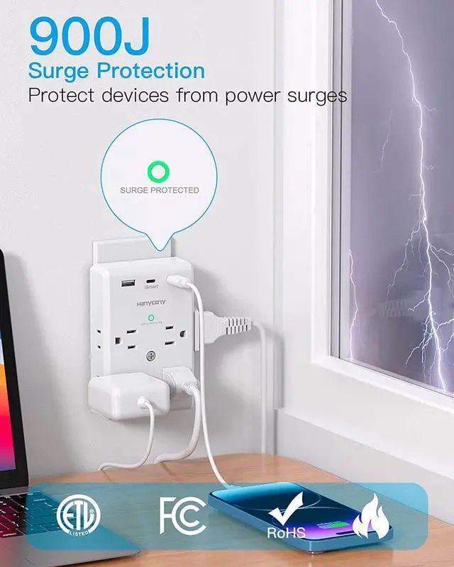 Alt view image 2 of 5 - Multi Plug Outlet Extender with USB C Ports, 3 Sided Power Strip with 900J Surge Protector, 8 Outlets Splitter with 3 USB Wall Charger, Wall Adapter Spaced for Home Travel Office Dorm Room, ETL Listed