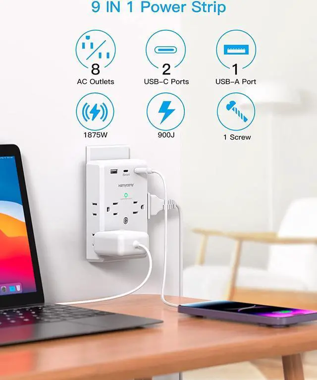 Main image of Multi Plug Outlet Extender with USB C Ports, 3 Sided Power Strip with 900J Surge Protector, 8 Outlets Splitter with 3 USB Wall Charger, Wall Adapter Spaced for Home Travel Office Dorm Room, ETL Listed
