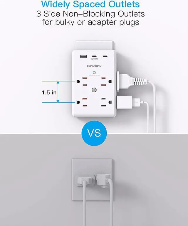 Alt view image 3 of 5 - Multi Plug Outlet Extender with USB C Ports, 3 Sided Power Strip with 900J Surge Protector, 8 Outlets Splitter with 3 USB Wall Charger, Wall Adapter Spaced for Home Travel Office Dorm Room, ETL Listed