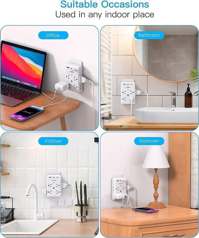 Alt view image 5 of 5 - Multi Plug Outlet Extender with USB C Ports, 3 Sided Power Strip with 900J Surge Protector, 8 Outlets Splitter with 3 USB Wall Charger, Wall Adapter Spaced for Home Travel Office Dorm Room, ETL Listed