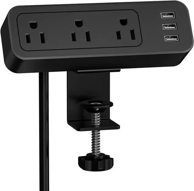 Main image of Desk Power Strip JSVER Desktop Charging Clamp, Desk Mount USB Charging Power Station, Desk Multi-Outlets, 3 AC Outlets 6.5 ft Extension Cord Desk Clamp Power Strip for Home Office Workshop (Black)