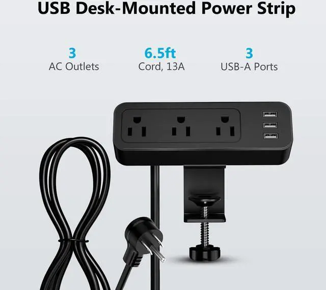 Alt view image 2 of 7 - Desk Power Strip JSVER Desktop Charging Clamp, Desk Mount USB Charging Power Station, Desk Multi-Outlets, 3 AC Outlets 6.5 ft Extension Cord Desk Clamp Power Strip for Home Office Workshop (Black)