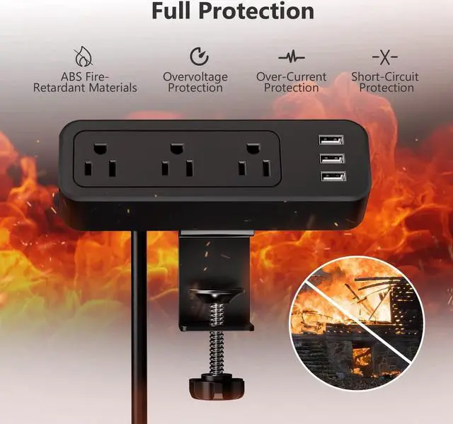 Alt view image 6 of 7 - Desk Power Strip JSVER Desktop Charging Clamp, Desk Mount USB Charging Power Station, Desk Multi-Outlets, 3 AC Outlets 6.5 ft Extension Cord Desk Clamp Power Strip for Home Office Workshop (Black)