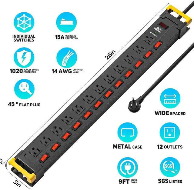 Alt view image 2 of 7 - 12 Outlets Metal Long Power Strip,15Amp/1875W Heavy Duty Surge Protector Power Strips with Switches, Cord Manager, 9FT Cord 1020J Wall Mount Power Strip for Garage, Workshop, Home, Office