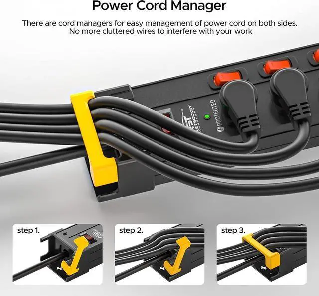 Alt view image 4 of 7 - 12 Outlets Metal Long Power Strip,15Amp/1875W Heavy Duty Surge Protector Power Strips with Switches, Cord Manager, 9FT Cord 1020J Wall Mount Power Strip for Garage, Workshop, Home, Office