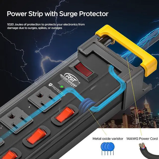 Alt view image 6 of 7 - 12 Outlets Metal Long Power Strip,15Amp/1875W Heavy Duty Surge Protector Power Strips with Switches, Cord Manager, 9FT Cord 1020J Wall Mount Power Strip for Garage, Workshop, Home, Office