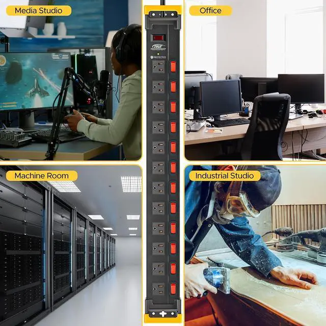 Alt view image 7 of 7 - 12 Outlets Metal Long Power Strip,15Amp/1875W Heavy Duty Surge Protector Power Strips with Switches, Cord Manager, 9FT Cord 1020J Wall Mount Power Strip for Garage, Workshop, Home, Office