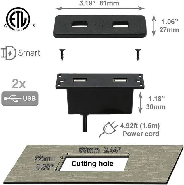 Alt view image 2 of 6 - Powered USB Hub Socket Recessed USB Power Strip Outlet with Power Supply 2 USB Ports 2.1A Mounted into Bed Desk Table Sofa