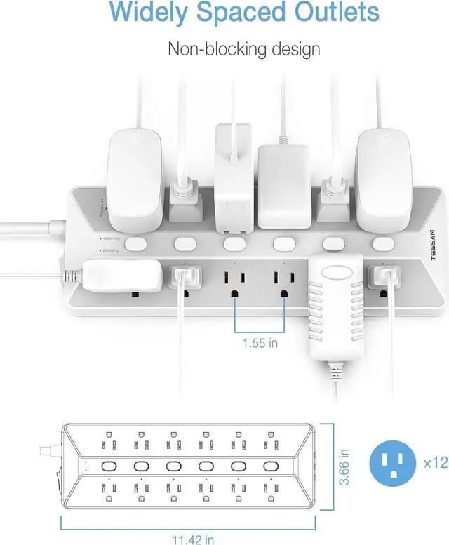 Alt view image 4 of 7 - Power Strip with USB, Individual Switches, TESSAN 12 Outlets and 3 USB Ports, Long Extension Cord 6 Feet with Surge Protector for Home, Dorm and Office Accessories, 1700J Protection, Gray