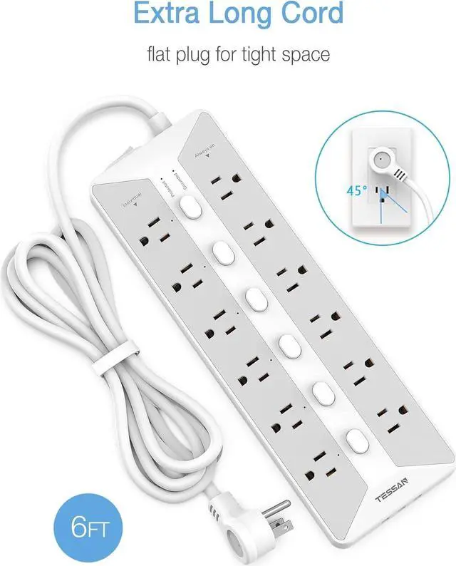 Alt view image 6 of 7 - Power Strip with USB, Individual Switches, TESSAN 12 Outlets and 3 USB Ports, Long Extension Cord 6 Feet with Surge Protector for Home, Dorm and Office Accessories, 1700J Protection, Gray