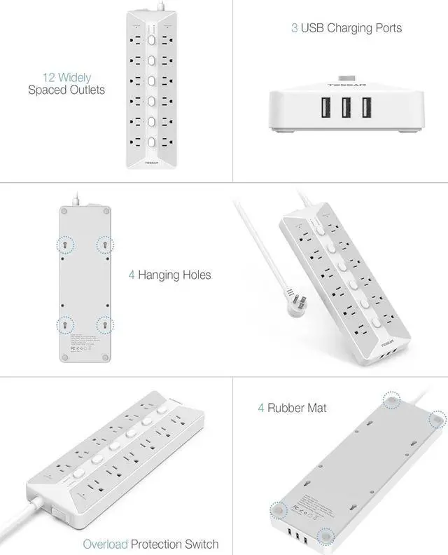Alt view image 7 of 7 - Power Strip with USB, Individual Switches, TESSAN 12 Outlets and 3 USB Ports, Long Extension Cord 6 Feet with Surge Protector for Home, Dorm and Office Accessories, 1700J Protection, Gray