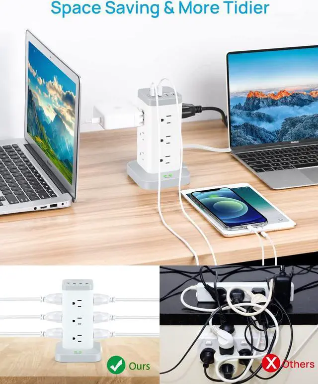 Alt view image 2 of 6 - BEVA Power Strip Tower with USB Ports, 16 in 1 Surge Protector Tower, 12 AC and 4USB Ports, 10 FT Extension Cord with Multiple Outlets, Power Tower Charging Station for Office SuppliesWhite