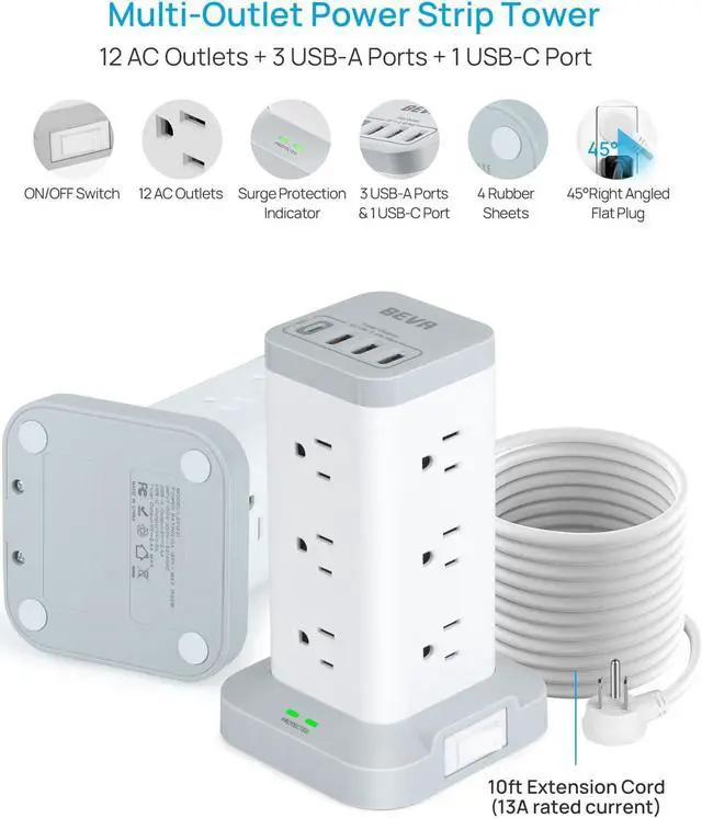 Alt view image 5 of 6 - BEVA Power Strip Tower with USB Ports, 16 in 1 Surge Protector Tower, 12 AC and 4USB Ports, 10 FT Extension Cord with Multiple Outlets, Power Tower Charging Station for Office SuppliesWhite